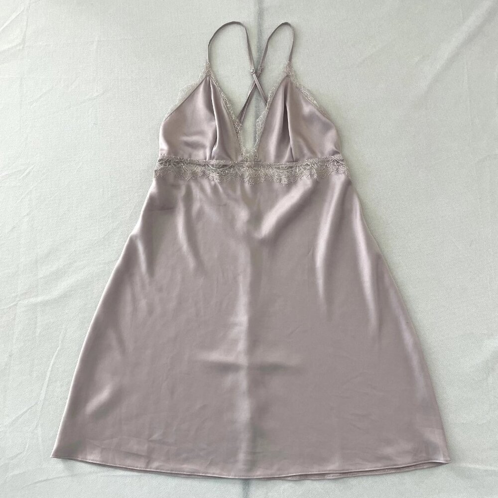 Victoria's Secret Womens Mauve Pink Satin Lace Trim V-Neck Slip Dress Size M
